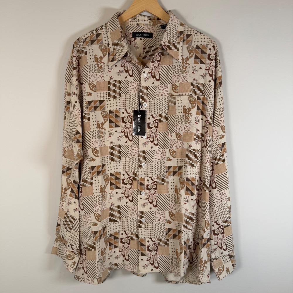 NEW Silk Icon Patchwork Paisley Button Up Shirt Large 100% Silk Vintage VTG NWT